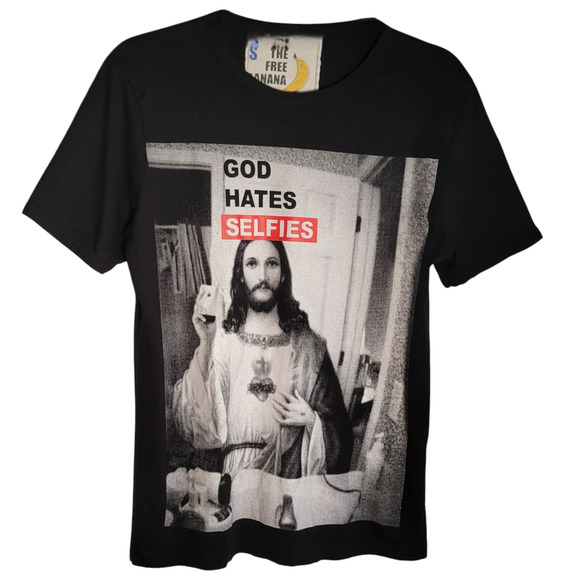 Free Banana God Hates Selfies Jesus Graphic Tee Small Satire Streetwear Cotton - Picture 1 of 5